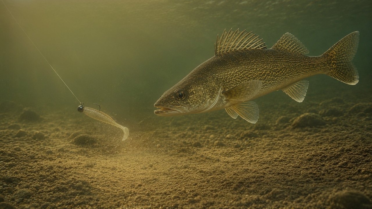 A soft-plastic bait in stained water on an overcast day
